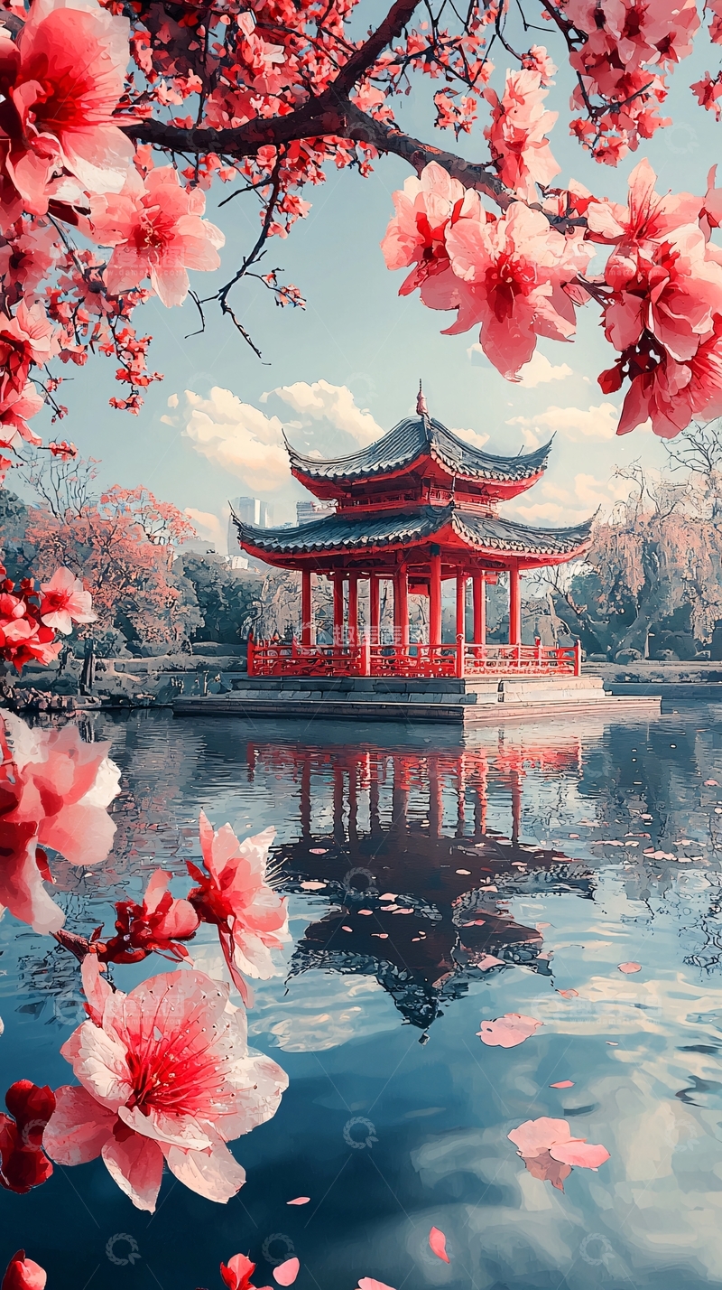 高清大图下载【趣麦麦图】樱花掩映下的亭台楼阁