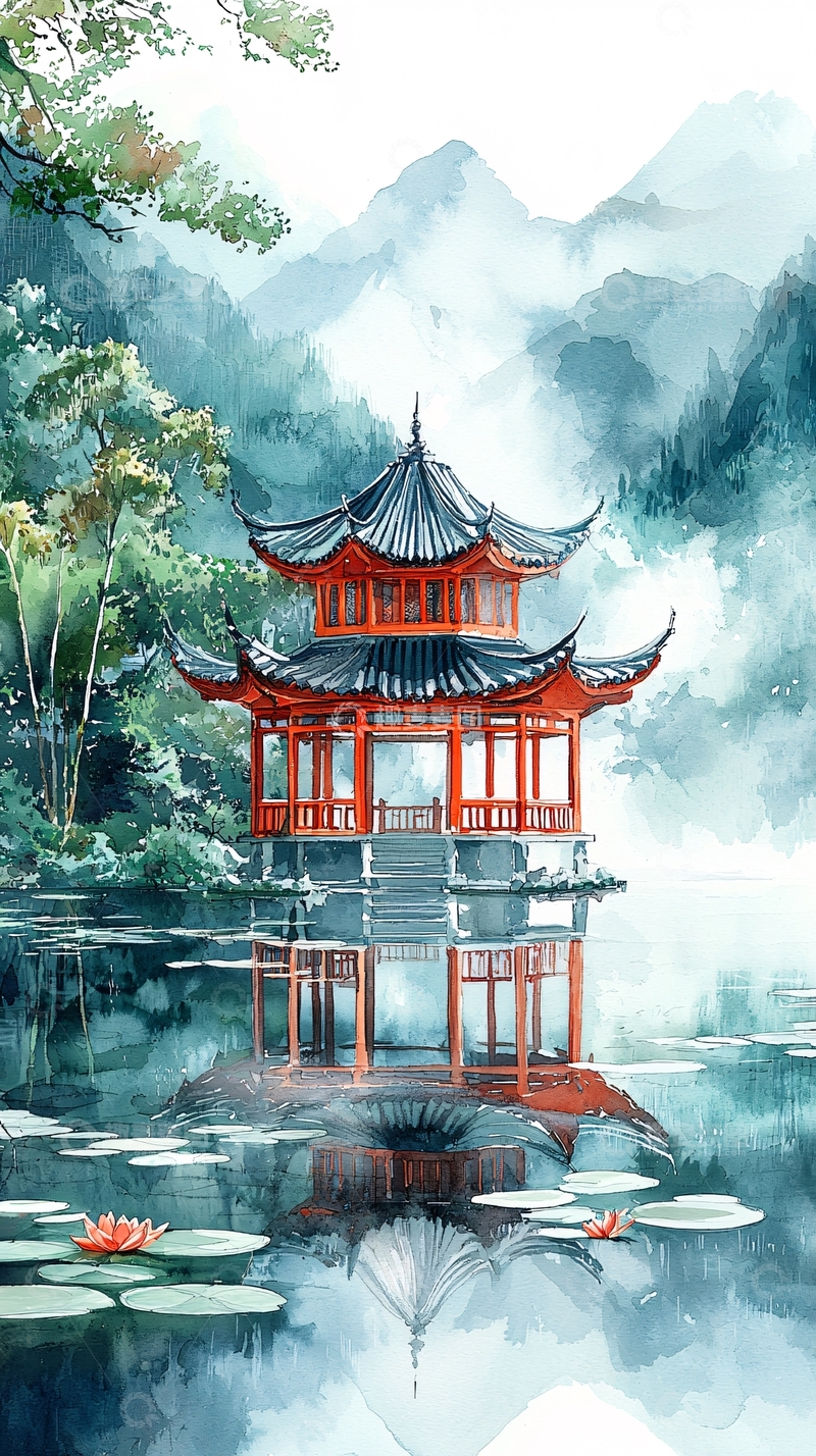 高清大图下载【趣麦麦图】水墨风亭台楼阁山水