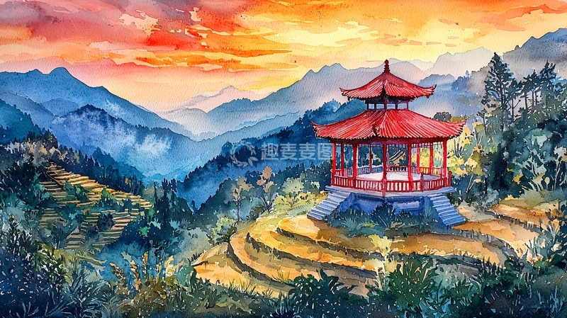 高清大图下载【趣麦麦图】水彩山水亭台夕阳