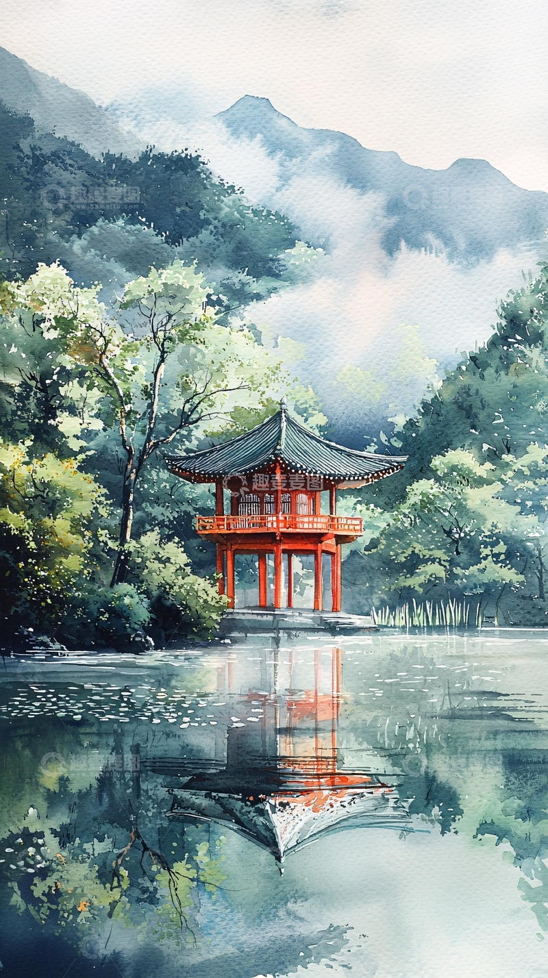 高清大图下载【趣麦麦图】水墨山水亭台倒影