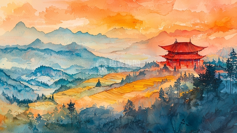 高清大图下载【趣麦麦图】中国风山水亭台水彩画