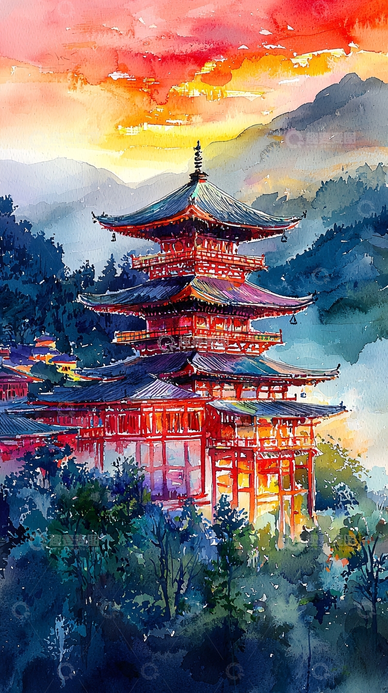 高清大图下载【趣麦麦图】水彩画日式塔