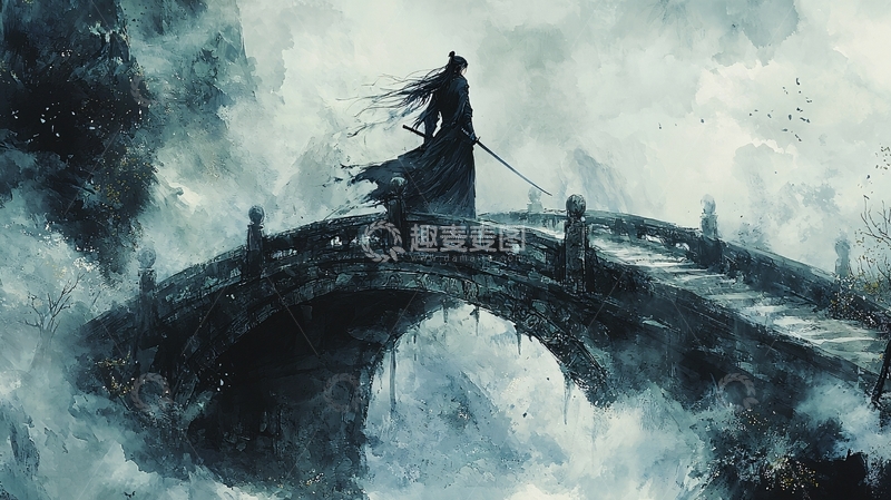 高清大图下载【趣麦麦图】桥上持剑的古风男子
