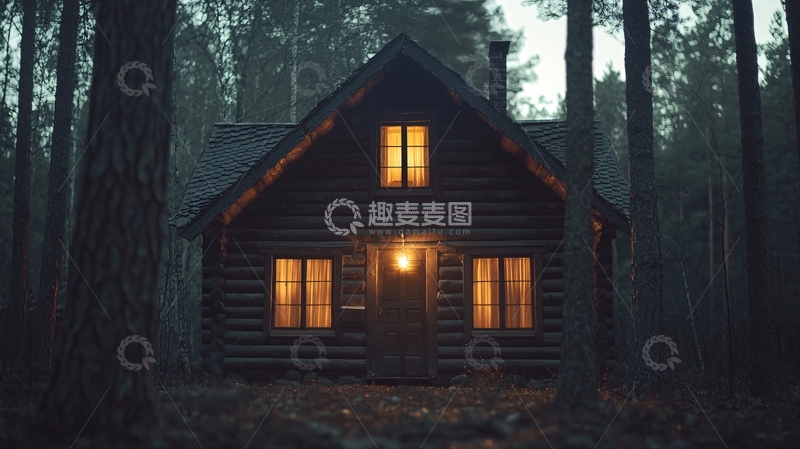 高清大图下载【趣麦麦图】森林小屋夜晚灯光