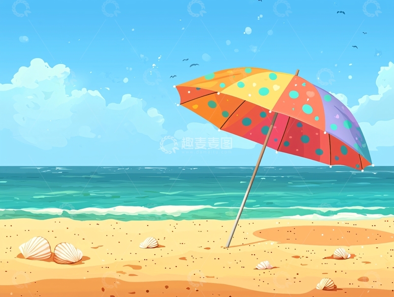 高清大图下载【趣麦麦图】海边遮阳伞和贝壳