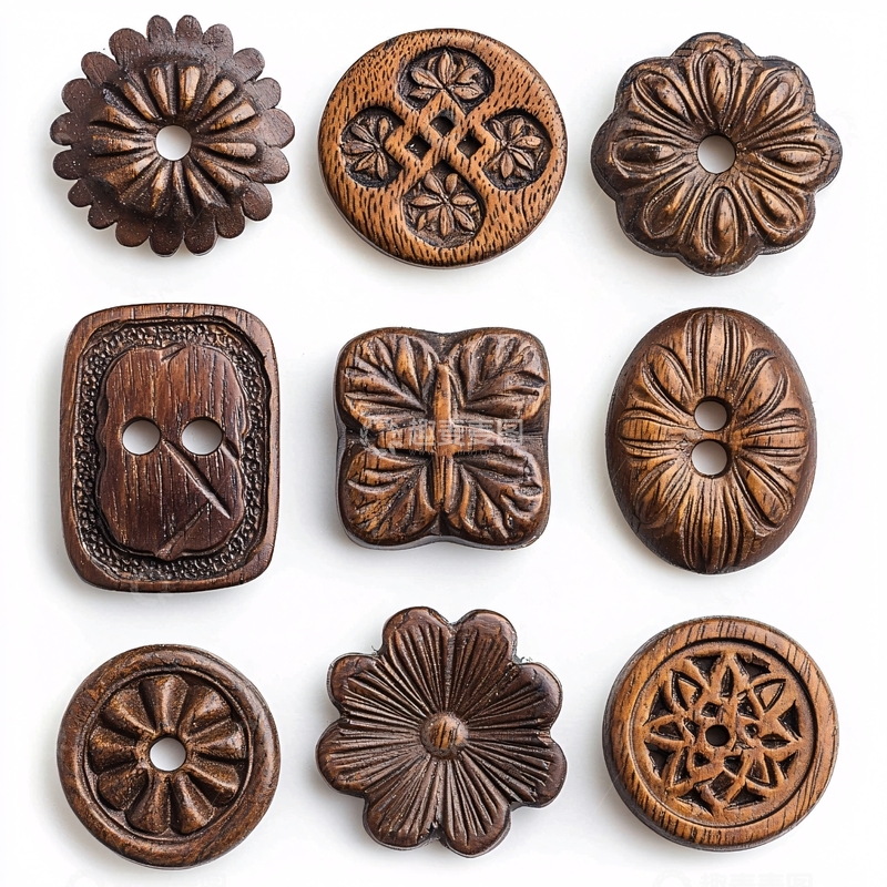 高清大图下载【趣麦麦图】手工木质雕刻纽扣