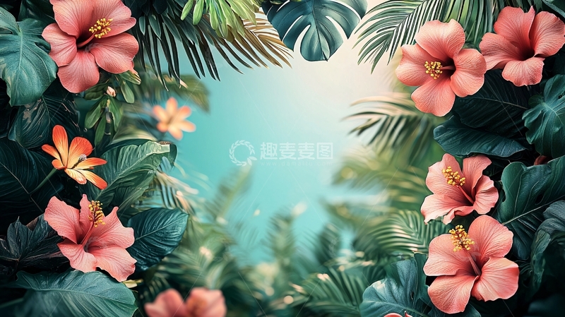 高清大图下载【趣麦麦图】热带花卉绿叶背景
