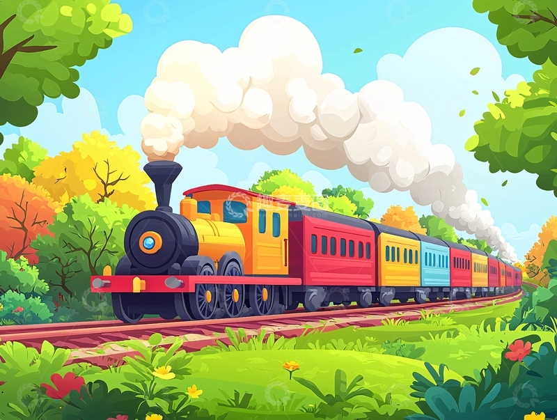 高清大图下载【趣麦麦图】卡通火车行驶在轨道上