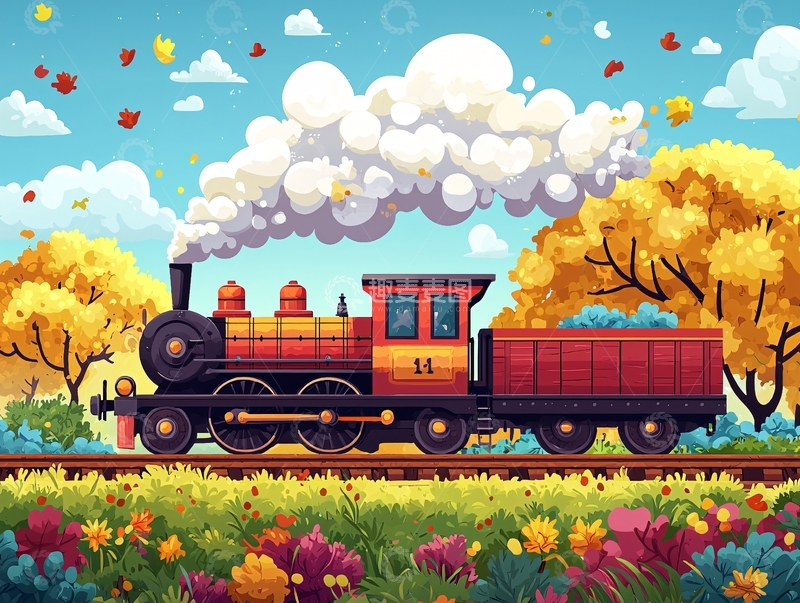高清大图下载【趣麦麦图】卡通火车在秋日风景中行驶