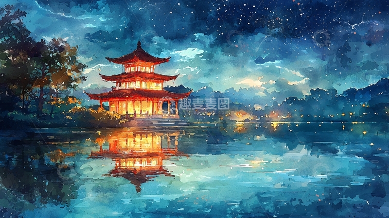 高清大图下载【趣麦麦图】湖畔夜色下的中国传统建筑