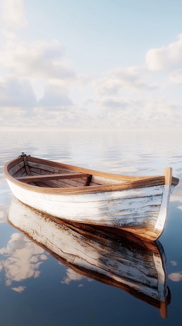 平静水面上的古老木船