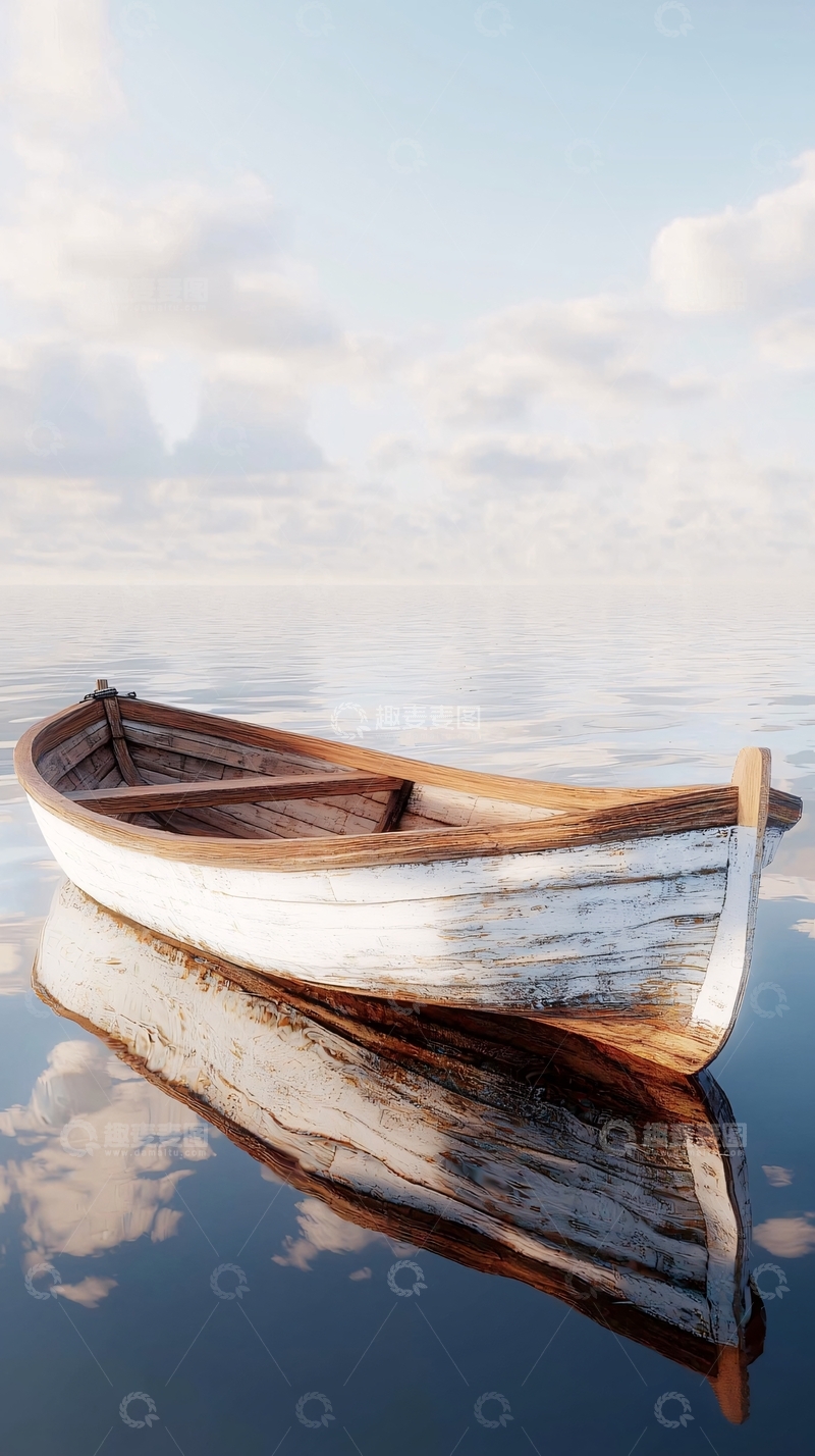 高清大图下载【趣麦麦图】平静水面上的古老木船