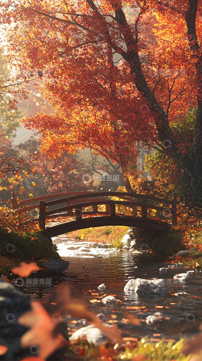 高清大图下载【趣麦麦图】秋日枫叶小桥流水