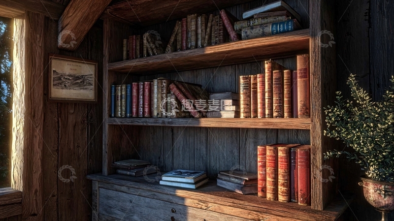 高清大图下载【趣麦麦图】木质书架上的古老书籍