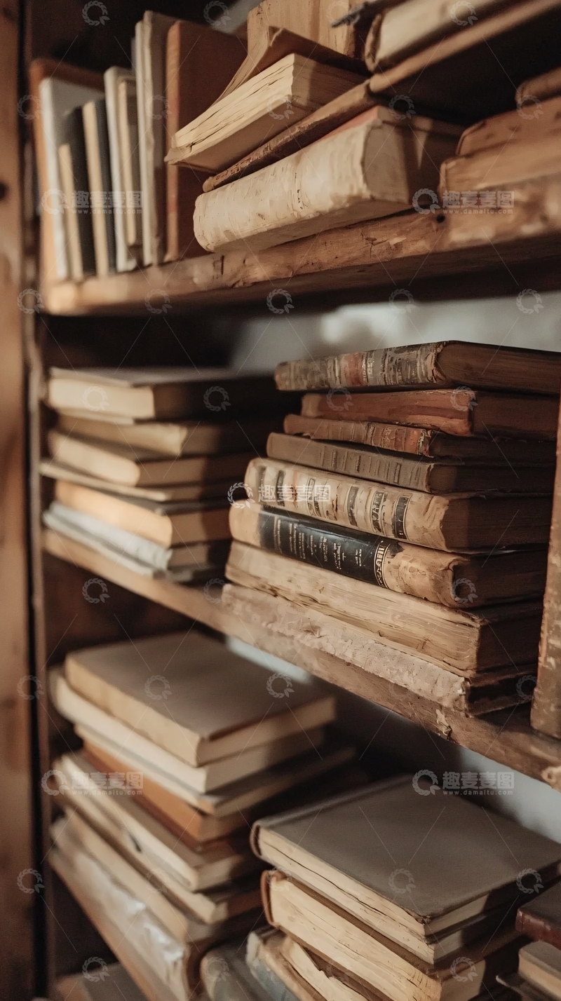高清大图下载【趣麦麦图】木质书架上堆放着许多旧书
