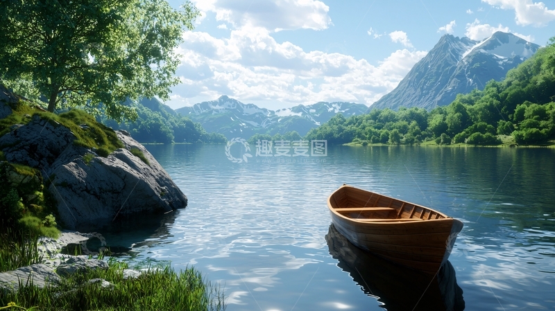 高清大图下载【趣麦麦图】宁静湖泊木船山峦景色