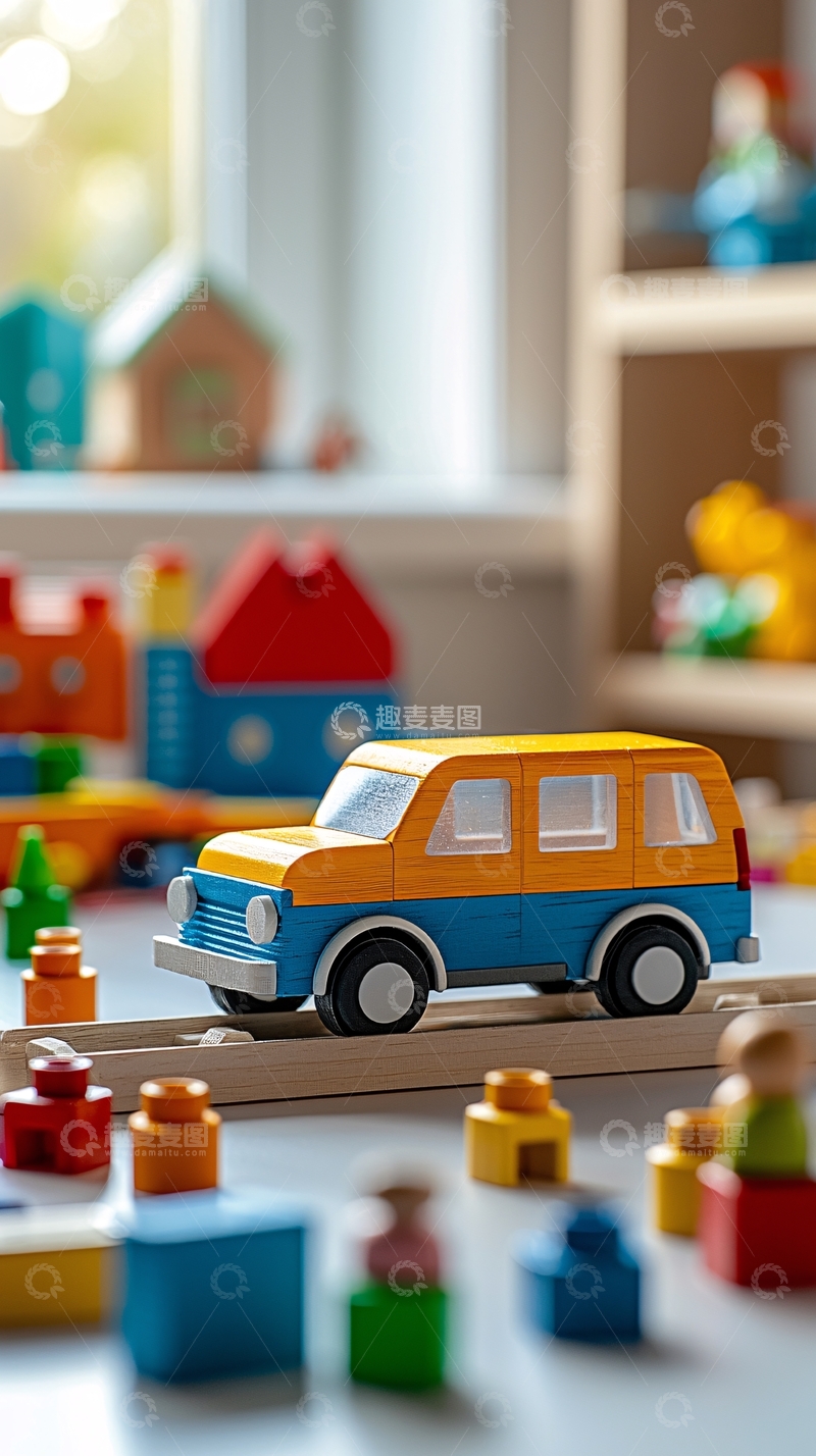 高清大图下载【趣麦麦图】玩具车在木轨道上