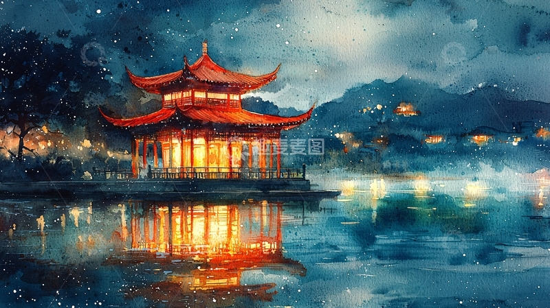 高清大图下载【趣麦麦图】水彩风夜景下的中国古建筑