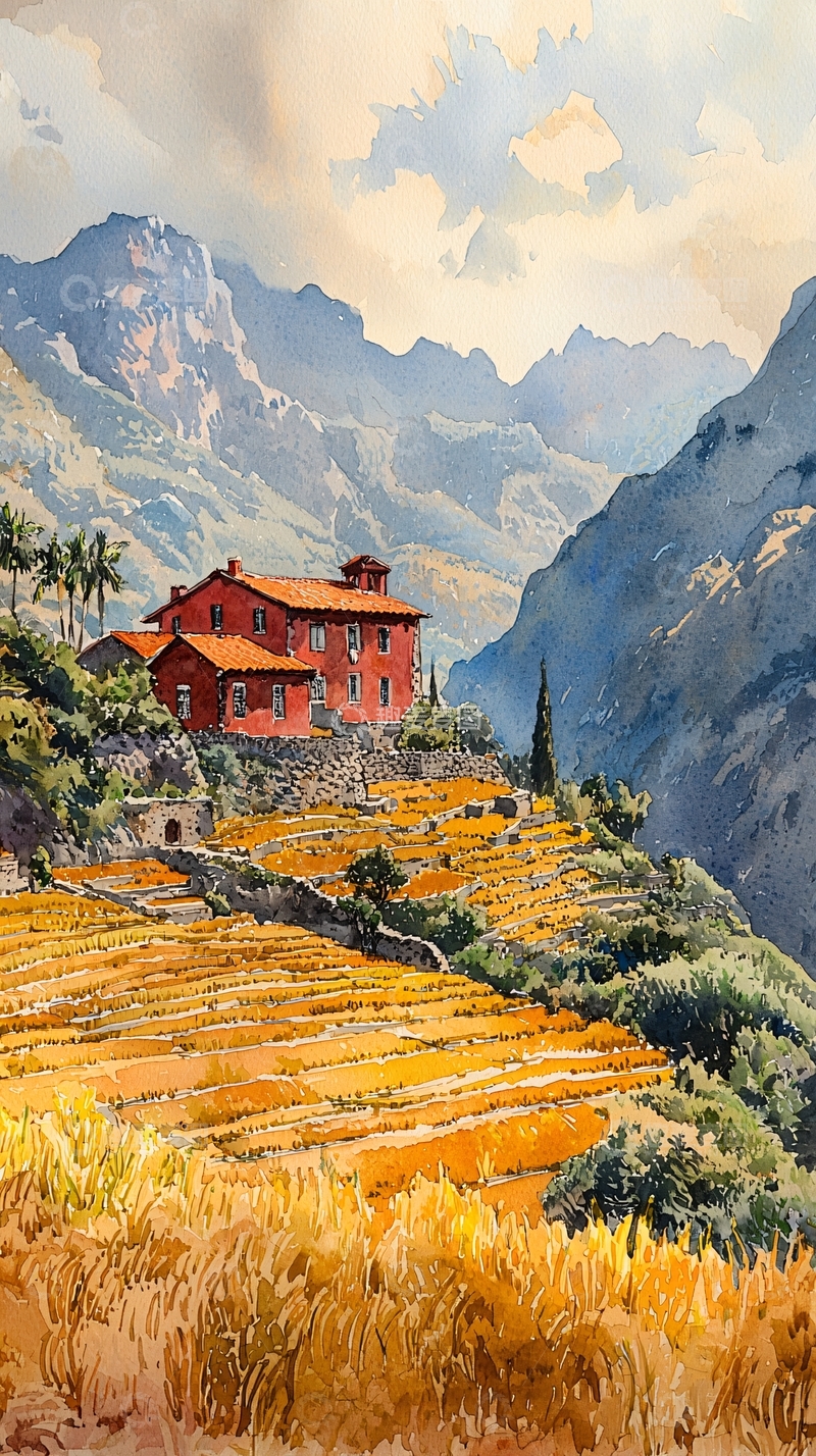 高清大图下载【趣麦麦图】山间梯田上的红色房子