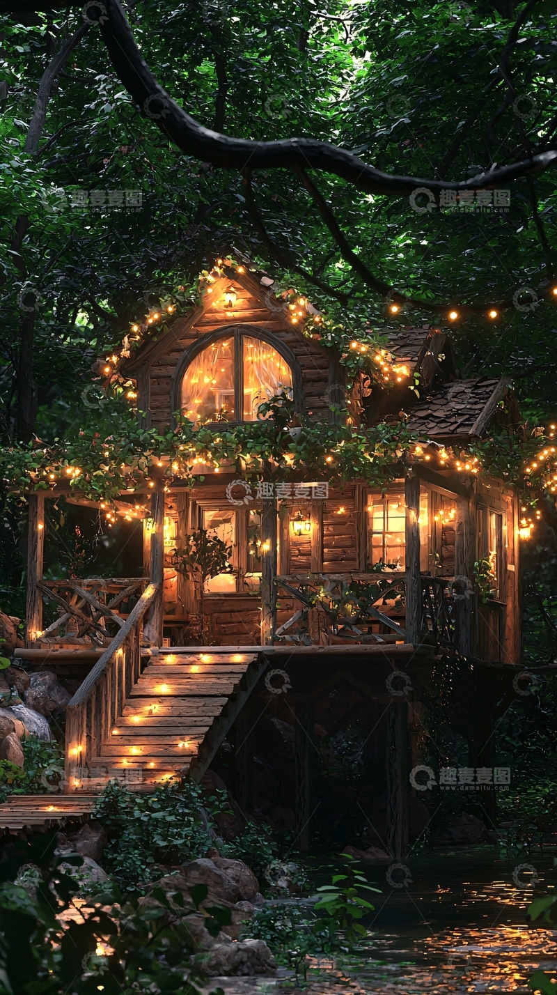高清大图下载【趣麦麦图】树林里带灯光的木屋