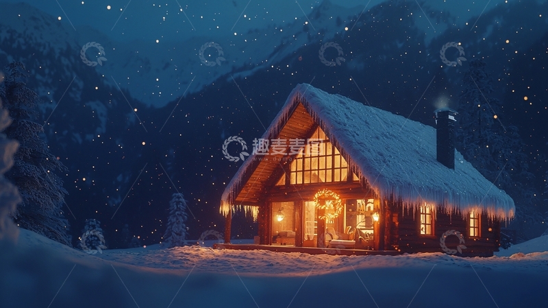 高清大图下载【趣麦麦图】雪夜木屋