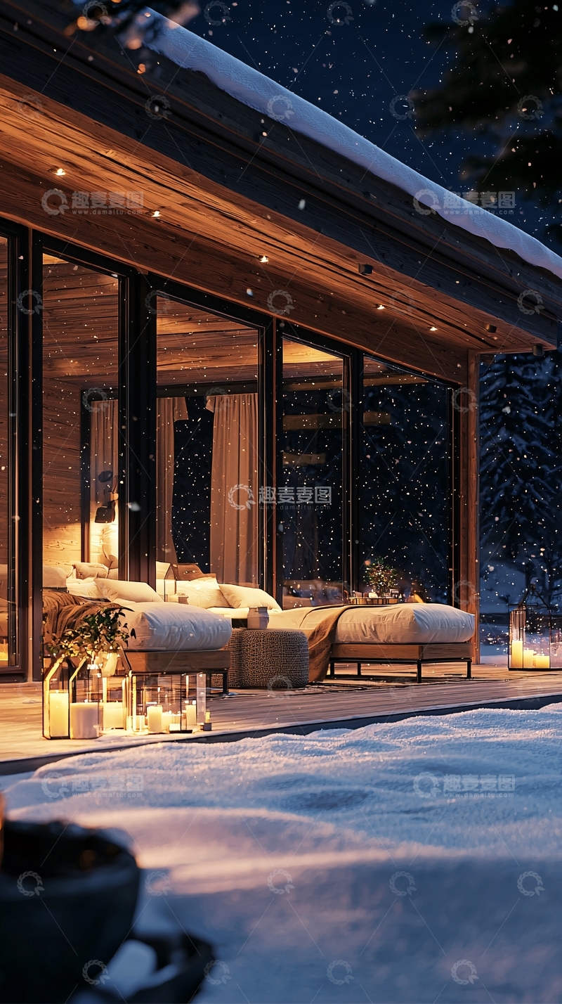 高清大图下载【趣麦麦图】雪夜木屋别墅