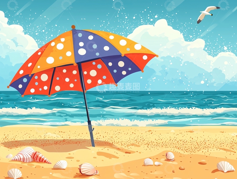 高清大图下载【趣麦麦图】海滩上五彩太阳伞