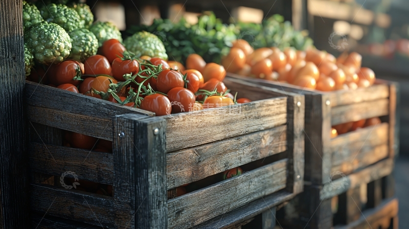 高清大图下载【趣麦麦图】木箱里新鲜的西红柿和蔬菜