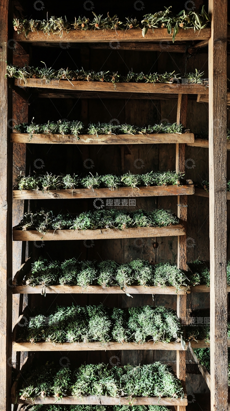 高清大图下载【趣麦麦图】木架上晾晒的绿色植物