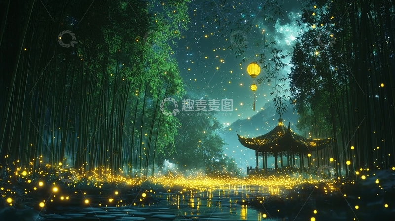 高清大图下载【趣麦麦图】夜晚竹林亭台灯光闪烁