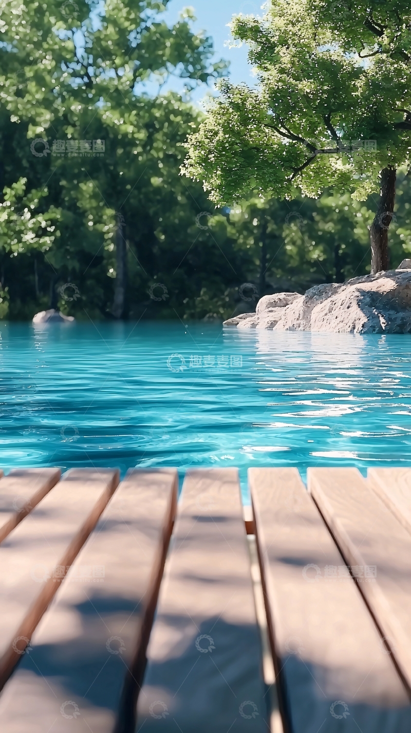 高清大图下载【趣麦麦图】木质栈道泳池边