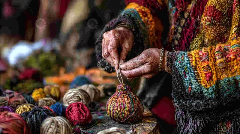 高清大图下载【趣麦麦图】老人双手编织彩色毛线