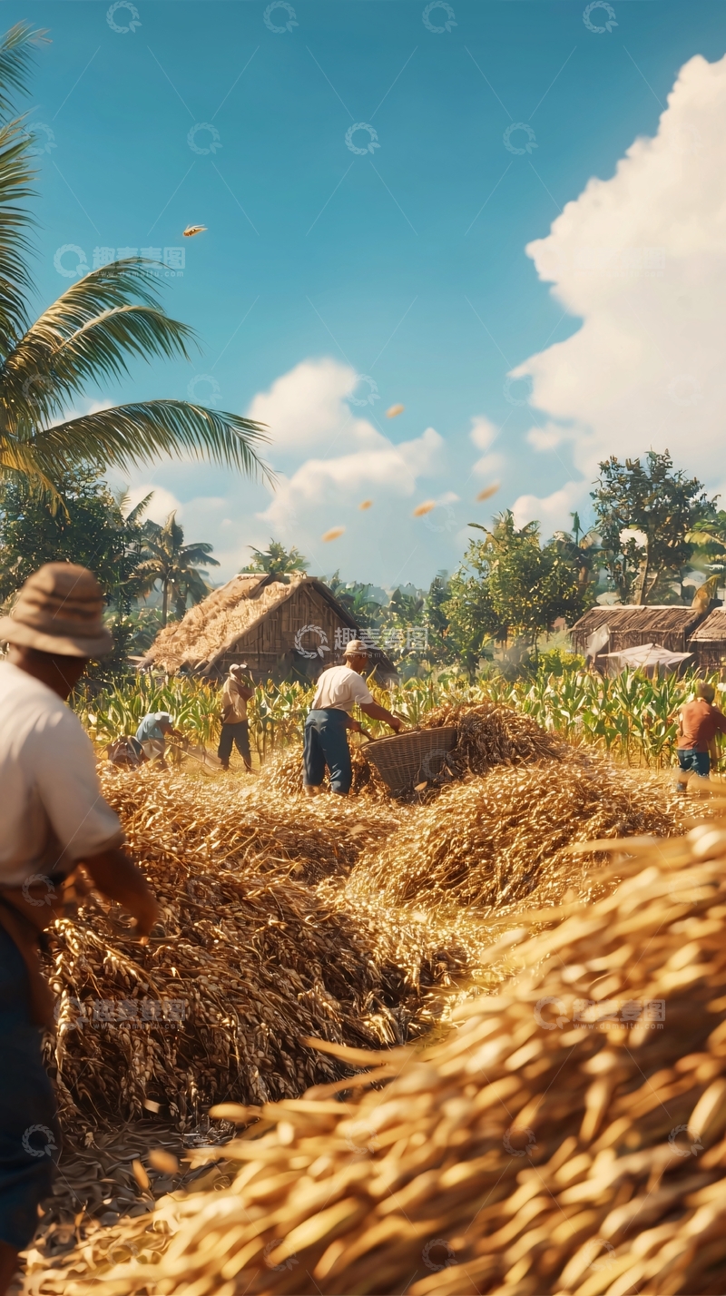 高清大图下载【趣麦麦图】热带乡村收割场景