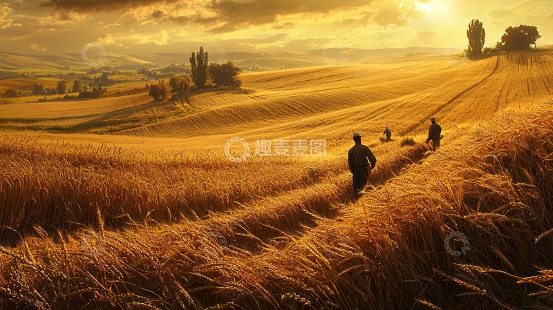 高清大图下载【趣麦麦图】金色麦田日落剪影