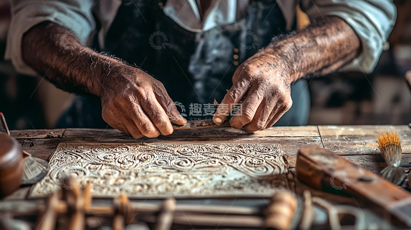 高清大图下载【趣麦麦图】老工匠手工雕刻木板