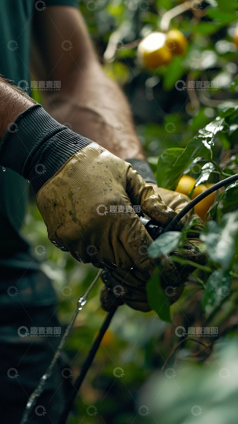高清大图下载【趣麦麦图】戴着脏手套的农夫在浇灌植物