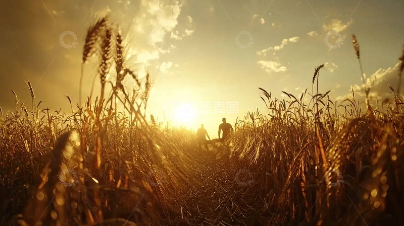 高清大图下载【趣麦麦图】夕阳麦田剪影