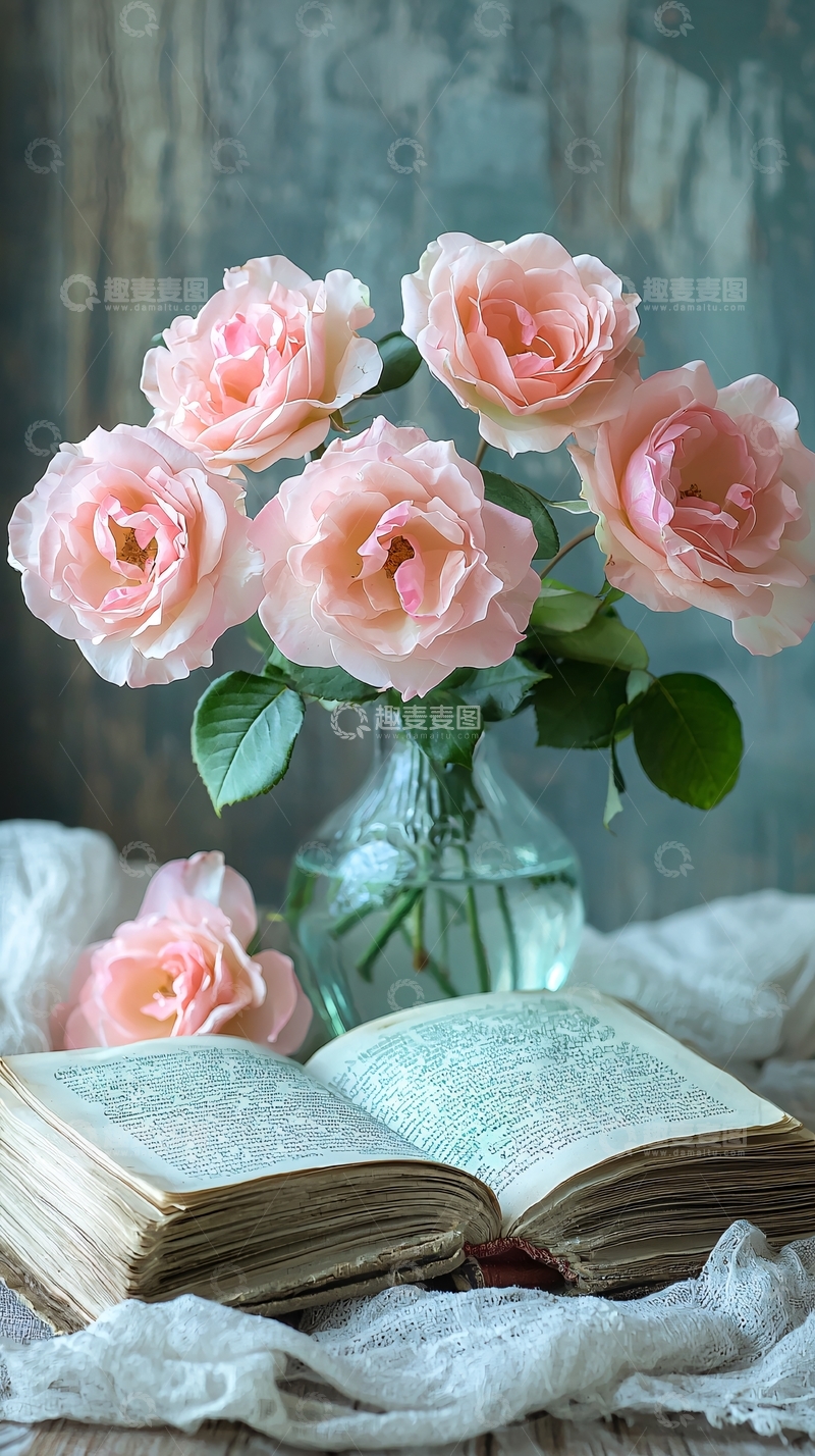 高清大图下载【趣麦麦图】粉色玫瑰与打开的书