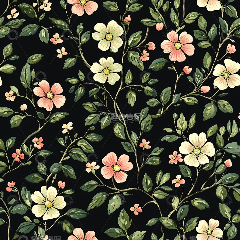 高清大图下载【趣麦麦图】花卉藤蔓黑色背景平铺