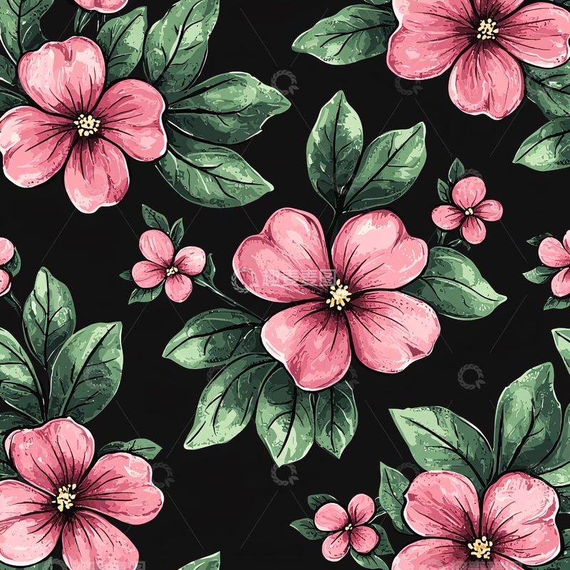 高清大图下载【趣麦麦图】粉色花朵与绿叶的图案