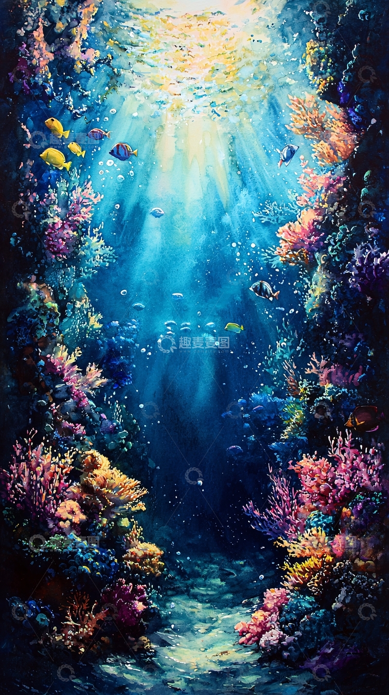 高清大图下载【趣麦麦图】海底珊瑚礁鱼群光线