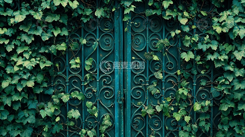 高清大图下载【趣麦麦图】绿叶藤蔓覆盖的铁艺大门