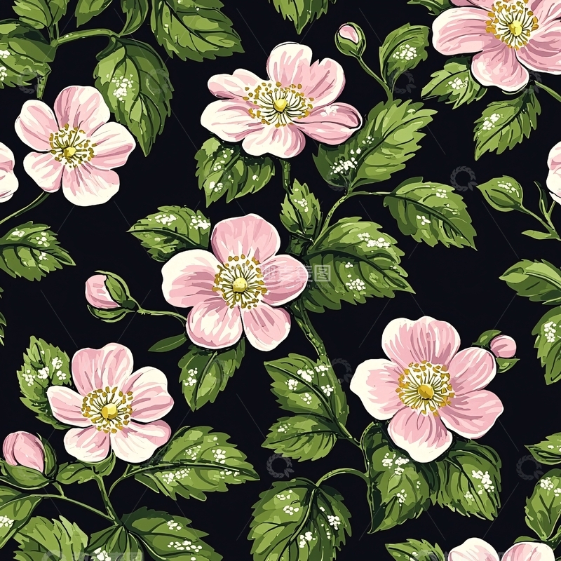 高清大图下载【趣麦麦图】粉色花朵与绿叶黑色背景