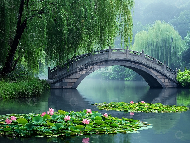 高清大图下载【趣麦麦图】拱桥柳树倒影