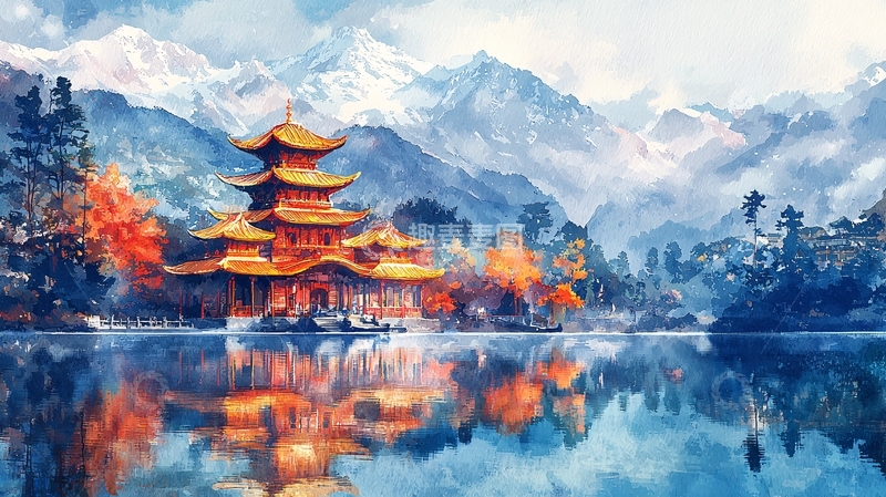 高清大图下载【趣麦麦图】山间湖畔的古典建筑