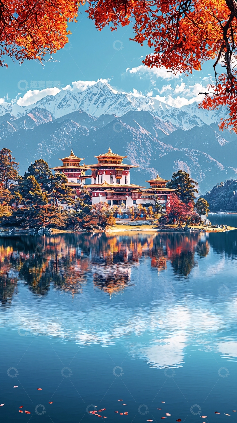 高清大图下载【趣麦麦图】湖畔寺庙雪山红叶美景