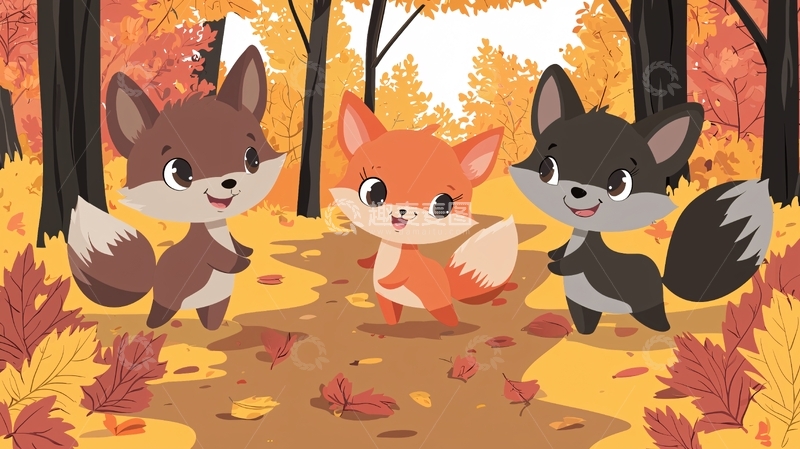 高清大图下载【趣麦麦图】秋天森林里三只小狐狸