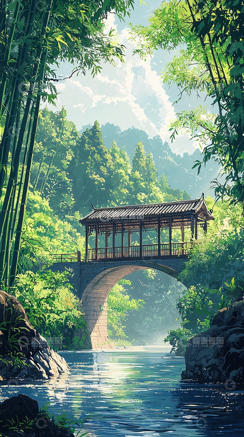 高清大图下载【趣麦麦图】青山绿水间的古桥