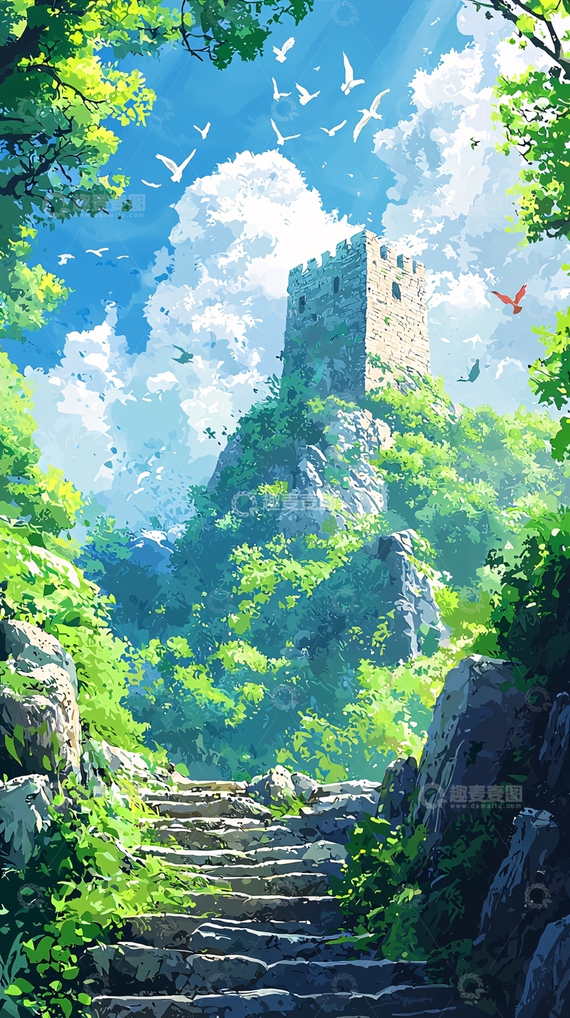 高清大图下载【趣麦麦图】绿色山丘上的古老城堡