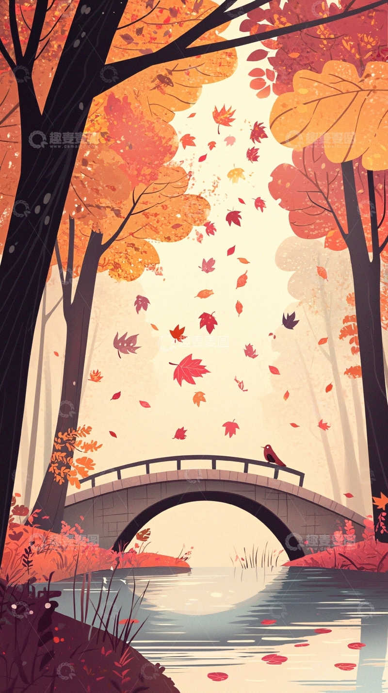 高清大图下载【趣麦麦图】秋季森林小桥流水图